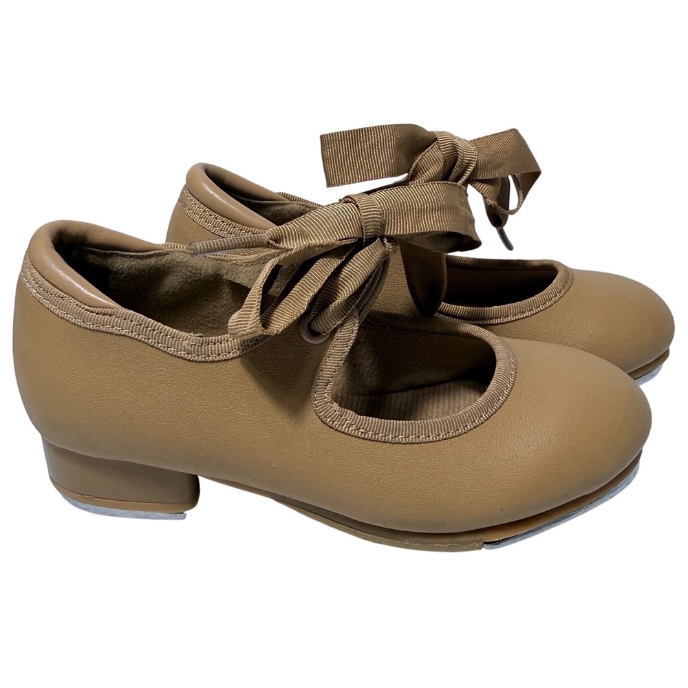 Tan Mary Jane Tap‎ Shoes Kids Size 9.5C Ribbon Tie Dance Recital Practice